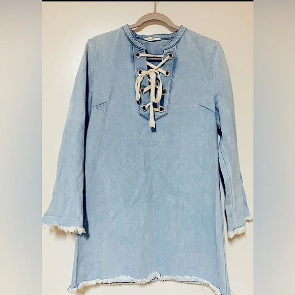 Sugar Lips Light Blue Denim Long Sleeve Mini Dress/Unfinished Hem/Tie Top/Size M - Picture 3 of 5